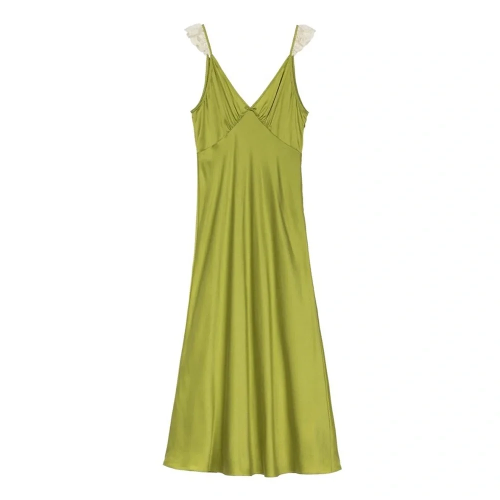 DOEN Claire Dress Silk Chartreuse Green Midi Maxi Slipdress XS Babydoll Retro - Picture 5 of 15